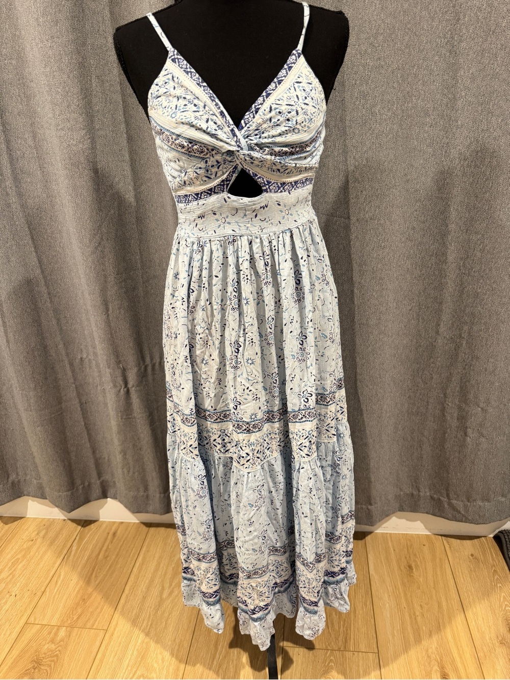 Francesca’s Bohemian Blue & White Maxi Dress with Twist Front